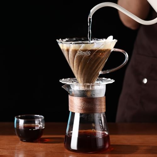Bincoo Glass Pour Over Coffee Maker Set, All-Glass Borosilicate V-shape 60° Cone Dripper & 500ml Coffee Carafe Server, V-shape 60° Cone Drip Brewer with 50 V02 Filters by Bincoo