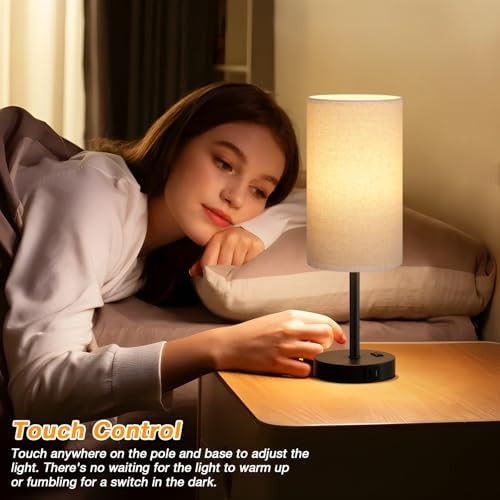 Dicoool 17.4" Bedside Lamp for Bedroom - Dimmable Touch, USB A+C, AC Outlet - Image 3