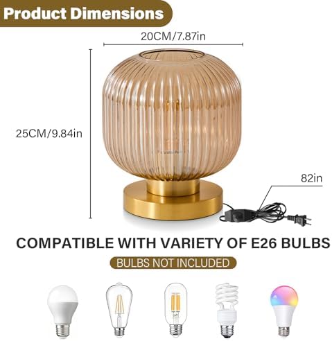 Amber Glass Table Lamp,Vintage Gold Base Ribbed Bedside Lamp - Image 2