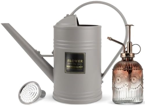 0.5 Gallon Small Watering Can for Outdoor Indoor Plants for House Plants, 12 oz Glass Plant Mister Spray Bottle for Bonsai Garden Flowers (Grey) by Megawodar