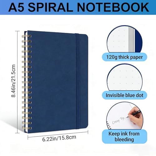 Dot Grid Journal Starter Kit, A5 Spiral Notebook with Stencil Ruler, Date & Color Stickers, Hardcover, 120gsm Thick Paper, Subtle Blue Dotted Pages for Planning, Study & Work - Blue - Image 2