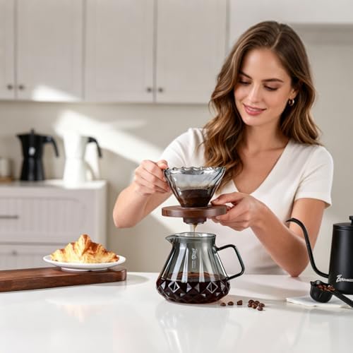 Bincoo Pour Over Coffee Maker&Dripper, Style Cone Filter + 600ml Glass Coffee Server, Manual Coffee Brewer Set, Reusable Coffee Filter Holder, Great Gift for Coffee Enthusiasts（Grey - Image 2