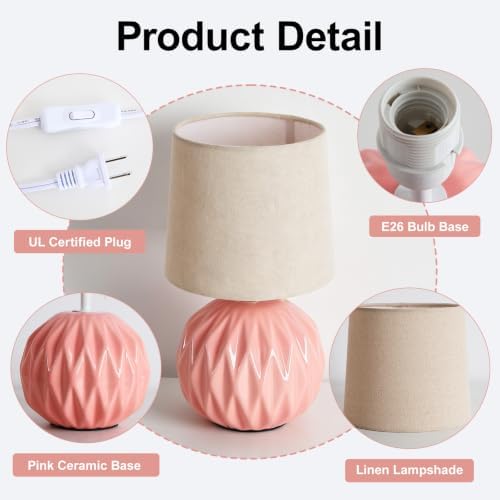 Pink Ceramic Table Lamp with Linen Shade, Small Bedside Lamp for Bedroom - Image 4