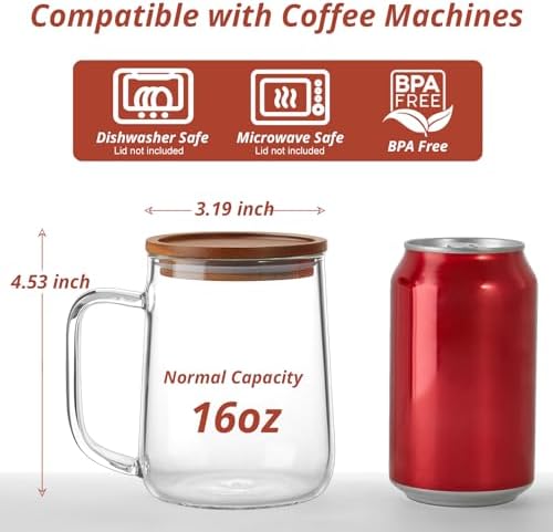 Glass Coffee Mugs, 16 oz Glass Coffee Cups with Acacia Wood Lids, Clear Borosilicate Glass Mugs with Handles for Cappuccino, Tea, Latte, Hot/Cold Beverages, Wine, Americano, Set of 4 - Image 2