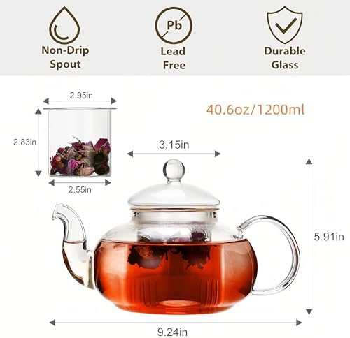CnGlass 40.6oz/1200ml Glass Teapot with Removable Infuser,Stovetop Safe Tea Kettle,Blooming & Loose Leaf Tea Pot - Image 3