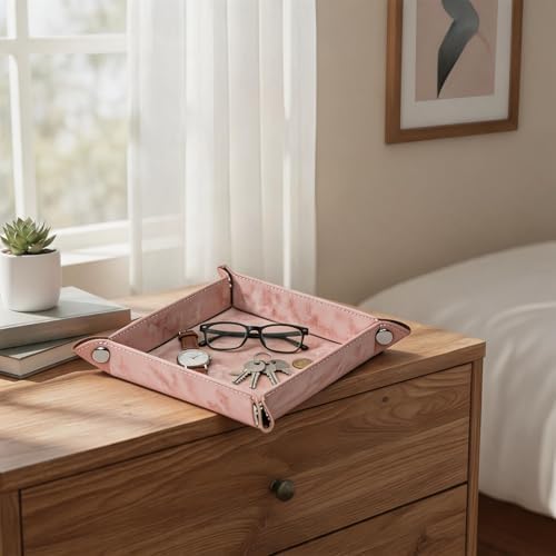 Valet Tray Desktop Storage Organizer – Vegan Leather Catchall Bedside Vanity Tray Nightstand Caddy Holder for Remote Controller, Watch, Keys, Phone, Wallet, Coin, Jewelry, Marble Pink - Image 6