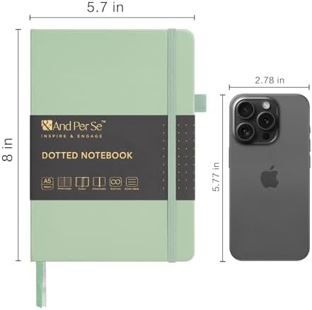 &And Per Se Dotted Journal Notebook, A5 Hardcover Leather Dotted Journal, 160 Pages 100gsm Thick Dot Grid Paper, 3 Sheets of Stickers Included - 5.7'' x 8'' (Light Green) - Image 2