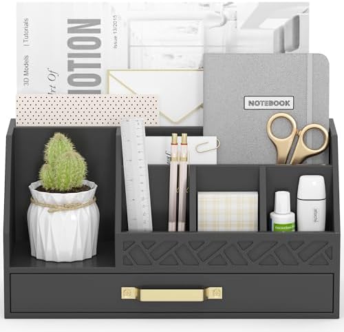 Bamboo Desk Organizer with Drawers, Mail Organizer Countertop Wood Desk Drawer Tabletop Storage Organization Pen Holder Letter Sorter Makeup Organizer for School Home Office (Black) by Unknown