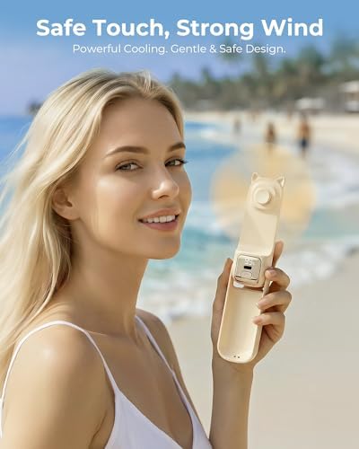 FrSara Portable Handheld Fan, Small Rechargeable Personal Mini Fan, Summer Travel Essentials with 3-Speed, 2000mAh, Great for Outdoor, Makeup, Ideal Gift for Girls, Ladies, Teens, Birthday, Beige - Image 2