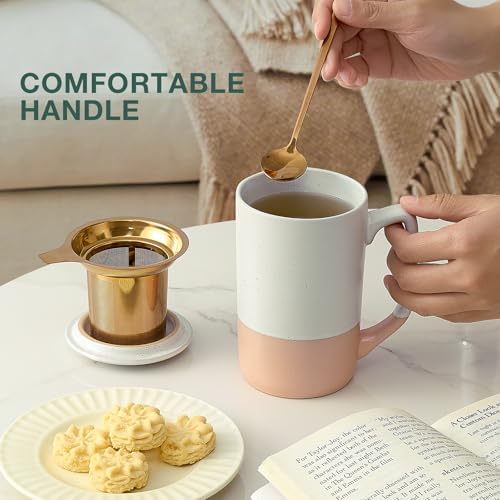 Gencywe Ceramics Large Tea Cup with Loose Leaf Infuser, Spoon and Lid, 16 oz Tall Coffee Mug, Microwave and Dishwasher Safe, Rustic Matte Ceramic Glaze, Tea Strainer (Pink) - Image 2