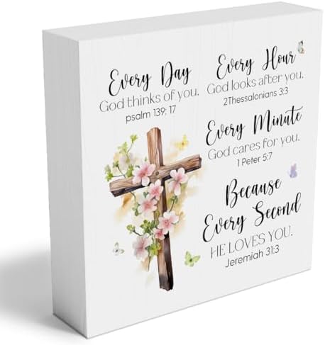Every Day God Thinks Of You Wooden Box Sign Inspirational Cross Jesus Decor Prayers Religious Scripture Gifts for Women Men Mom Sister Friends Birthday Male Coworker 5 x 5 Inch by Woght
