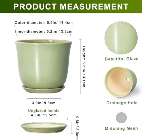 5.6 Inch Plant Pot - Ceramic Pots for Plants Indoor Outdoor, Round Orchid Succulent Pot with Drainage Hole and Saucer, Modern Small Planter, Home Room Window Decor, Plants Lover Gift, Green - Image 2