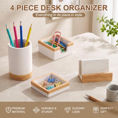 Set of 4 Modern Aesthetic Desk Accessories Organizer Set Minimalist Neutral Home Office Decor Desk Supplies for Men-Pen, Business Card Holder, Sticky Note, Paper Clip Holder(White) - Image 3