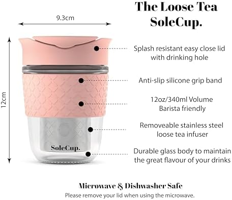 Travel Mug Loose Tea Infuser - Detachable Tea Strainer with Spillproof Lid - BPA-Free Reusable Glass Travel Coffee Cup with Silicone Band (Pink, 12oz) - Image 2