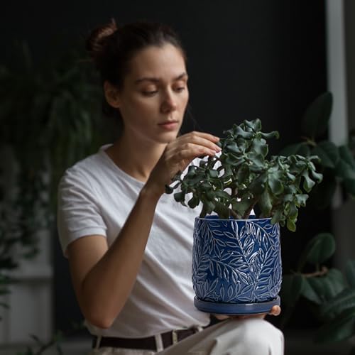 D'vine Dev Embossed Leaves Ceramic Planter, 6 in, Midnight Blue, 27-A-X-3 - Image 6