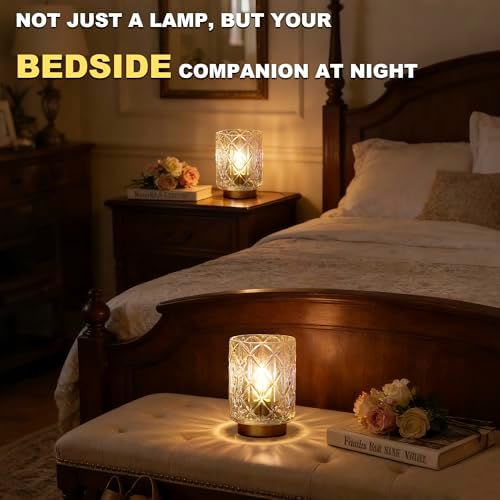 2 Pack Battery Operated Lamp,Cordless Samll Battery powered Accent Lamp with Timer for Bedside,Warm White Cozy Ambient Decorative Table Lamps for Shelf/Cubicle/Entryway/Table Decor(Iridescent Clear) - Image 2