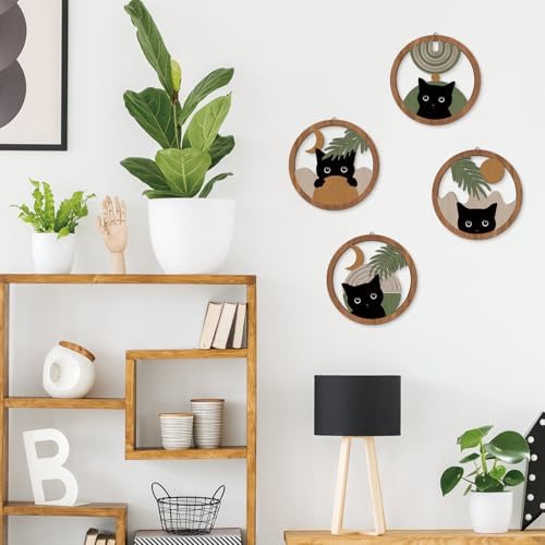 HPNIUB Abstract Mid Century Boho Black Cat Wall Decor-4 Pieces 10''x10'' Farmhouse Geometric Hanging Wooden Wall Art,Bohemian Moon and Sun Wood Sign for Nursery Bedroom Decoration, Lovely Cat Gifts - Image 4