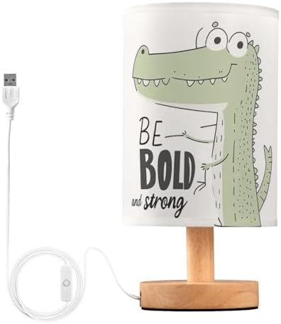 Positive Quoted Cute Crocodile Inspirational Bedside Table Lamps with USB Port for Bedroom LampSmall Nightstand Lamp Sturdy Linen Shade Wooden Base Decorative Lamps for Nursery Kids Reading Dorm Home by Fustylead