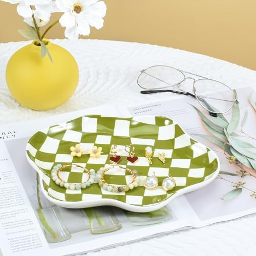 Koythin Green Plaid Ceramic Jewelry Tray, Vanity Ring Earring Trinket Dish - Image 3