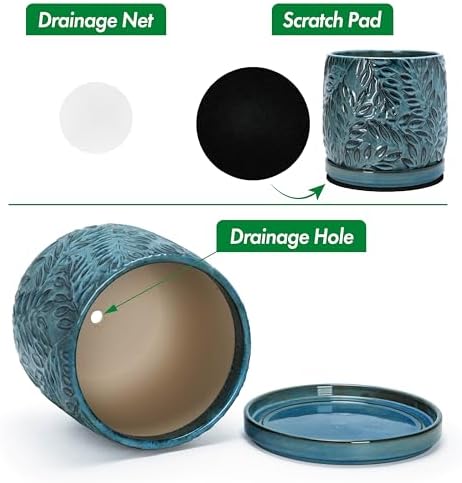 D'vine Dev Embossed Leaves Ceramic Planter, 10 in, Ocean Teal, 27-A-P-8 - Image 4