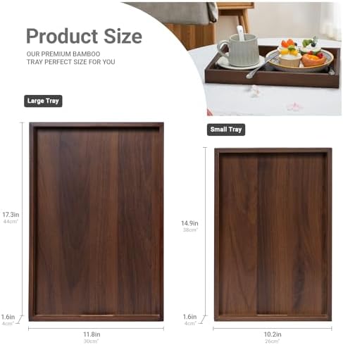 17.3‘’x11.8''x1.57''Large Bamboo Wooden Tray with Handles, Rectangular Natural Solid Wood, Walnut Brown Color Serving Tray.Suitable for Kitchen,Bedroom,Breakfast,Coffee,Decorative,Party Bars. - Image 2
