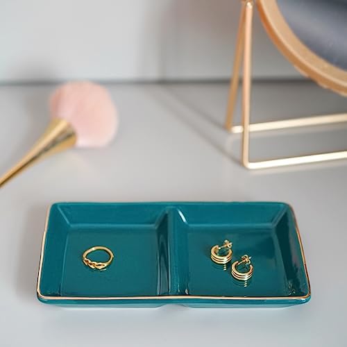 HANKOR Ceramic Jewelry Dish Tray, 2 Compartment Ring Dish, Decorative Trinket Tray for Rings, Earrings, Keys, Birthday Christmas Gifts, Green - Image 2