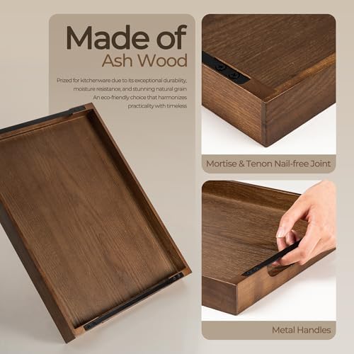 Axeman Wooden Serving Tray with Metal Handles|Ottoman Tray for Breakfast, Bed, Couch|17x13in Ash Wood Coffee Table Trays|Food Drinks Decorative Storage Boards for Ottoman Kitchen, Walnut - Image 3