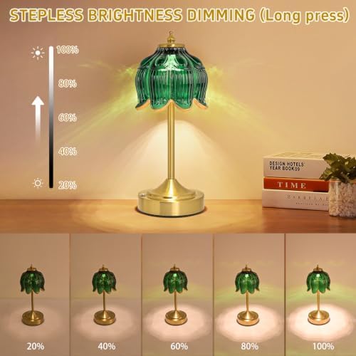 Cordless Table Lamp, Rechargeable Dark Green Glass Lotus Flower Lamp - Image 5