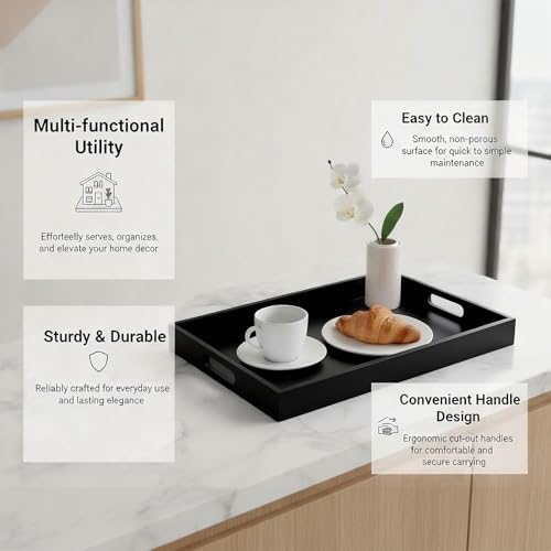 Krismax Wooden Serving Tray with Handles, Serving Platter 15.7x11.4 Inch Food Drinks Tray for Coffee Table,Decorative Storage Tray for Entertaining, Breakfast Tray in Bed,Lunch,Dinner,BBQ(Black) - Image 5