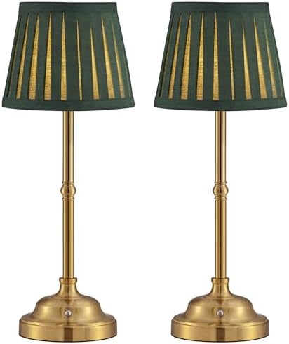 KDG Gold Cordless LED Table Lamps Set of 2, Green Fabric Shade Desk Lamps by KDG