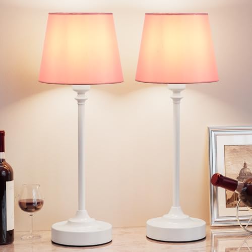 Cordless Table Lamps Rechargeable Set - 2 Pack White 4000mAH Battery Operated Lamps for Decor, 3000K Stepless Dimming Touch Control Wireless Lamps for Bedroom, Dining Table, Living Room, Pink Shade by KakanuoLightings