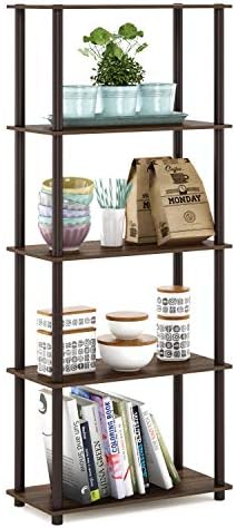 Furinno TURN-N-TUBE Storage Shelves, 5-Tier Book Shelf, Corner Shelf, Toolless Open Shelves, for Organization and Storage, Living Room, Garage, Home Office, Walnut by Furinno-FitsYourSpaceFitsYourBudget