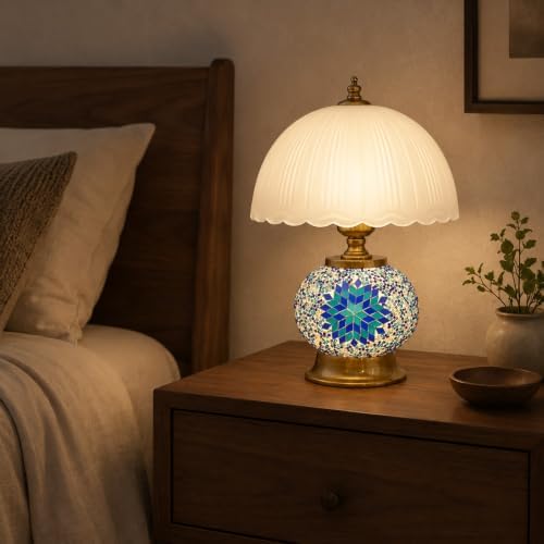 Boho Blue Mosaic Small Table Lamp with White Glass Shade - Image 6