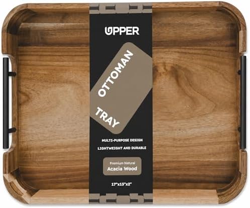 Upper Acacia Wood Ottoman Tray 17x13 Inches with Handles, Decorative Serving Tray for Coffee Table, Breakfast Tray with Anti-Skid Pads (Black Handle 01) by Upper