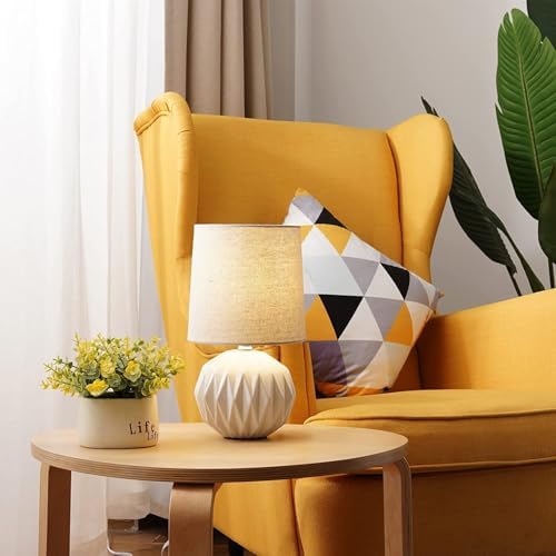 Somniferous Ceramic Bedroom Table Lamps Set of 2, Small Bedside Lamp, White Lamp with Linen Shade, Mid Century Modern Nightstand Lamp for Bedroom Living Room Office, 7W LED Bulb Included - Image 2