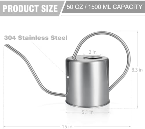 Plant Watering Can, 50 oz / 1500 ml Stainless Steel Metal - Modern Decorative with Long Spout for Indoor Potted Plants, Bonsai, Garden Flowers, Silver - Image 3