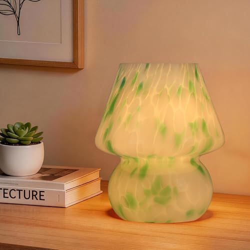 Mushroom Lamp with LED Bulb, Small Glass Bedside Lamp, Green&White by Unknown