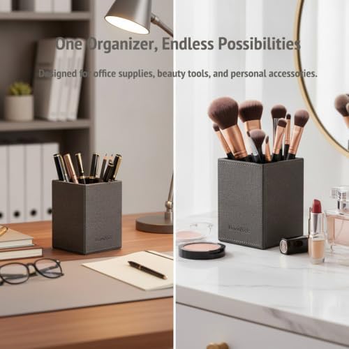 UnionBasic Square Pen Holder, Faux Leather Pencil Cup, Desktop Caddy Stationery Organizer, Barry Grey - Image 3