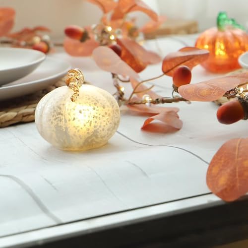 Light Up Glass Pumpkins (Set of 3) - Silver Frosted Crackle LED Pumpkin Decor with Warm White Lights, Battery Operated Fall Centerpiece for Table, Halloween, Thanksgiving & Christmas Decorations - Image 7