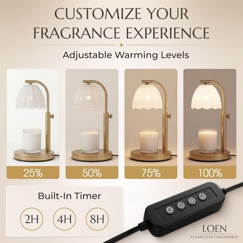 Scalloped Glass Candle Warmer Lamp with Timer (2H/4H/8H) - Dimmable & Adjustable Height - Wax Melter for Large & Small Jar Candles - 2 Bulbs - Gold Metal - Flameless Home Decor Gift for Women (White) - Image 7