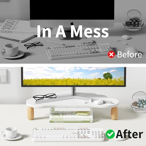 AFOOYO Monitor Stand Riser,Cloud-Shaped Sturdy Wood 16.5In Computer Monitor Riser Wirh Drawer, Multi-Purpose Desktop Organizer Riser for Computer,Laptop,Printer,TV,White - Image 5