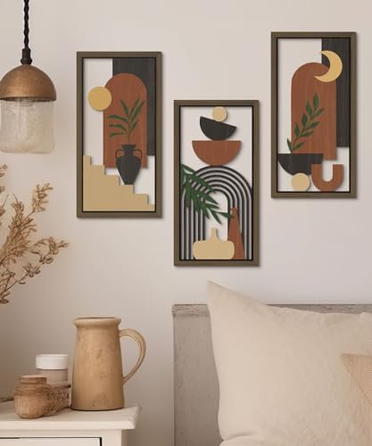 Putuo Decor Boho Wall Art Set of 3 Modern Minimalist Wooden Wall Decor Abstract Terracotta Room Decorations Mid Century Artwork for Living Room Bedroom Office in Terracotta Noir 16.5 x 8.6 Inch - Image 2