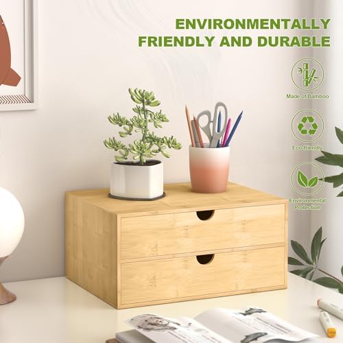Bamboo Desk Drawer Organizer, Large Desktop Organizer with Drawers Tabletop Storage Organization Box for Office Home Toiletries Supplies Vanity, No Assembly Required (2 Drawer) - Image 4