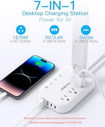 One Beat Small LED Desk Lamp Power Strip 5ft Extension Cord with 3 Outlets 4 USB Ports(2 USB C), 4 Modes, 5 Level Touch Lamp Study Reading Light, Home Office Bedroom College Dorm Room Essentials,White - Image 2