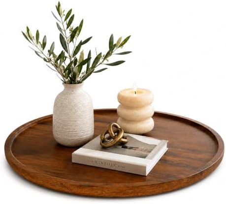 Multi-Purpose Acacia Wood Round Serving Tray for Ottoman Living Room Decor by E-ROOMTREND