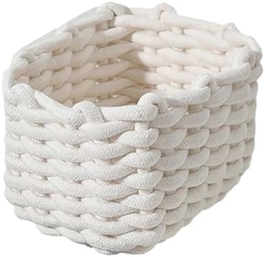 Woven Cotton Rope Storage Basket,Mini Woven Rope Storage,Generic Cotton Rop-e Small Rectangle Storag-e Basket | Natural Wove-n Desktop Organizer for Cupboard, Nursery Decor (white) by Unknown