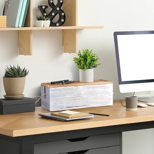Large Cable Management Box, White Washed Wood Cord Organizer Box for Desk, Floor, Office to Hide Extension Cords Power Stripes Surge Protectors Chargers Wires - Image 6