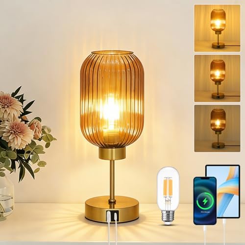 LAMSU Vintage Gold Touch Table Lamp, Small Desk Lamp with Amber Glass Shade, Bulb, Charging Port, Mid Century Modern Bedside Lamp, 3 Way Dimmable Nightstand Lamp for Bedroom Living Room Home Office by LAMSU