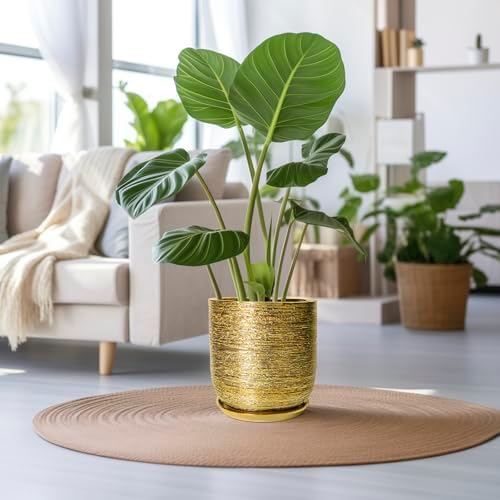 Ceramic Pots for Plants 12 Inch - Ceramic Planter for Indoor Outdoor Flowers, Cylinder Modern Flower Pot with Drainage Hole and Saucer, Patio Home Decor, Gifts for Plants Lovers, Gold - Image 2