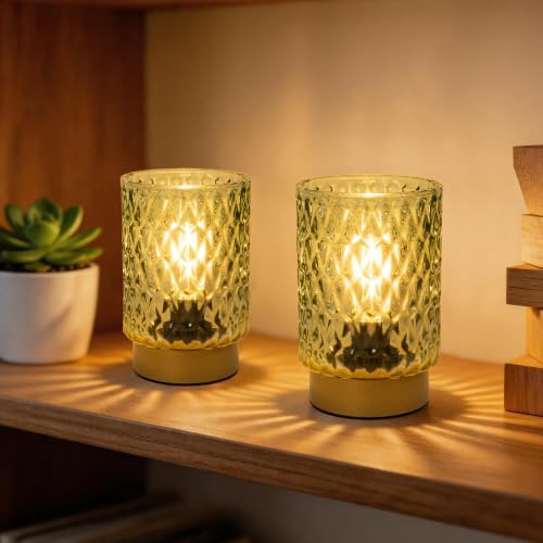LUSHARBOR Battery Operated Lamp with Timer, Small Glass Table Lamp Green - Image 6